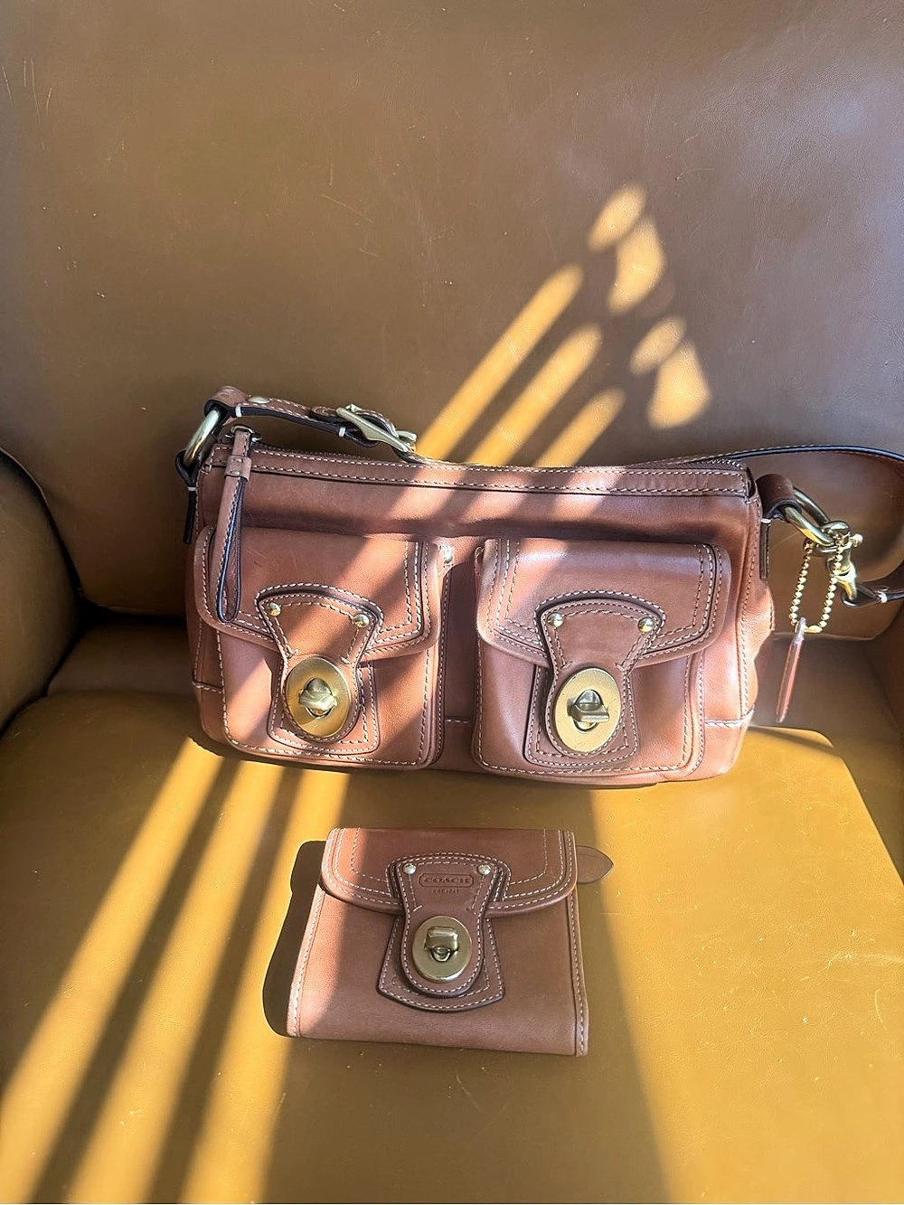 vintage Coach camel Legacy + matching Gigi wallet